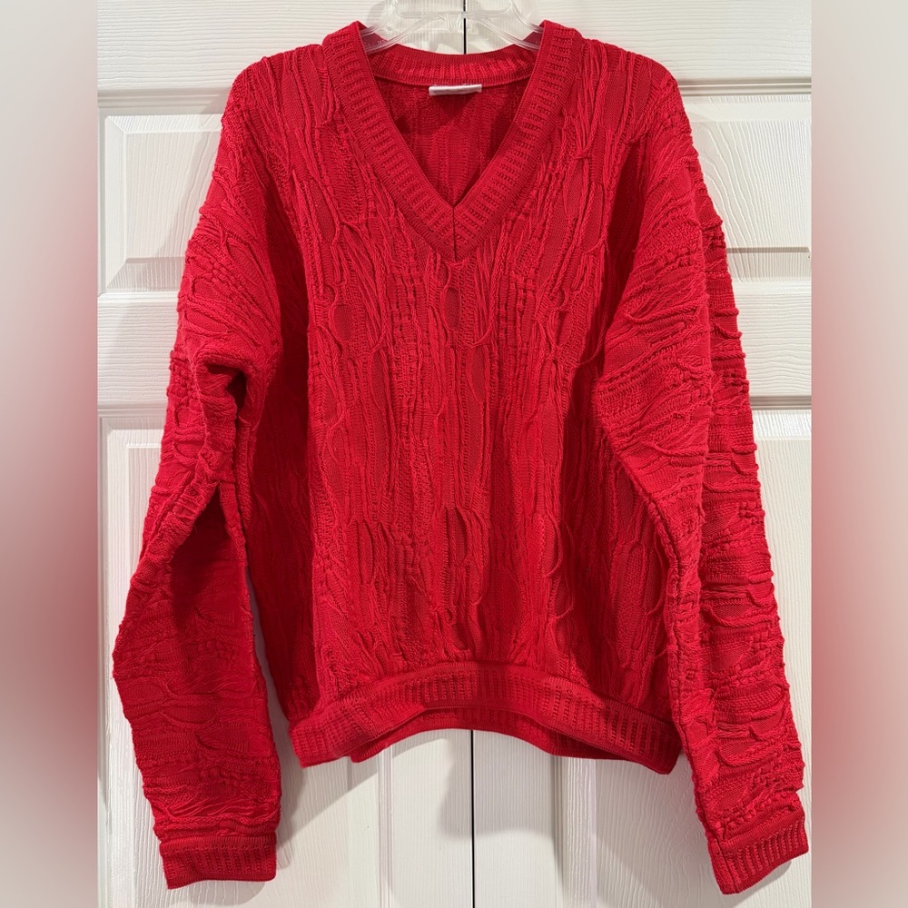 COOGI Men's Red V-Neck Cable Knit Sweater